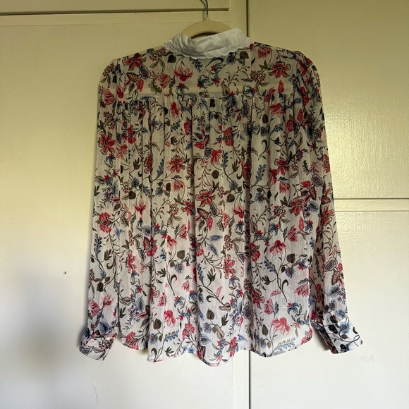 Zara Sheer Long Sleeve Floral White Collar Button Down Blouse Top Size Small - Picture 9 of 12